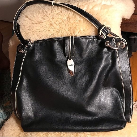 Jane Shilton, SW6 purse/ handbag. Black with white piping. - Picture 1 of 6